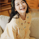 パジャマ レディース 長袖 通販 ルームウェア 寝巻き 寝間着 ナイトウェア 綿 コットン 前開き 秋 冬 長ズボン 上下セット チェック 刺繍 旅行 お泊り 入院 部屋着 室内着 かわいい