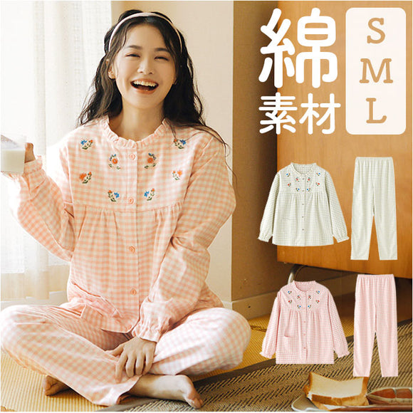 パジャマ レディース 長袖 通販 ルームウェア 寝巻き 寝間着 ナイトウェア 綿 コットン 前開き 秋 冬 長ズボン 上下セット チェック 刺繍 旅行 お泊り 入院 部屋着 室内着 かわいい