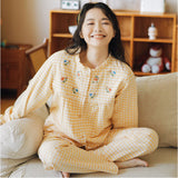 パジャマ レディース 長袖 通販 ルームウェア 寝巻き 寝間着 ナイトウェア 綿 コットン 前開き 秋 冬 長ズボン 上下セット チェック 刺繍 旅行 お泊り 入院 部屋着 室内着 かわいい