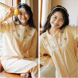 パジャマ レディース 長袖 通販 ルームウェア 寝巻き 寝間着 ナイトウェア 綿 コットン 前開き 秋 冬 長ズボン 上下セット チェック 刺繍 旅行 お泊り 入院 部屋着 室内着 かわいい