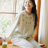 パジャマ レディース 長袖 通販 ルームウェア 寝巻き 寝間着 ナイトウェア 綿 コットン 前開き 秋 冬 長ズボン 上下セット チェック 刺繍 旅行 お泊り 入院 部屋着 室内着 かわいい