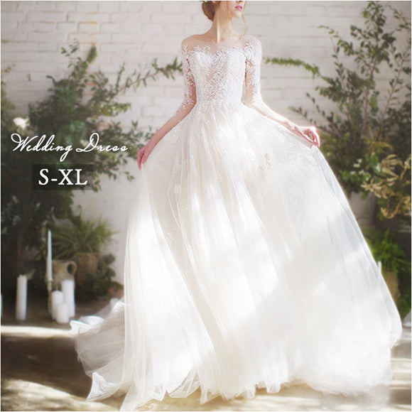 ウェディングドレス 袖あり Aライン 通販 ウエディングドレス ブライダルドレス トレーン ドレス レディース パーティドレス 白 ホワイト ロングドレス 七分袖 お色直し 花嫁 結婚式