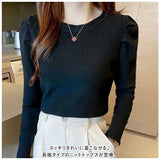 ニット セーター レディース 通販 ニットセーター シャツ スリーブセーター ニットソー ラウンドネック 長袖 パフスリーブ かわいい 無地 シンプル エレガント 春 秋 冬 きれいめ