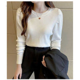 ニット セーター レディース 通販 ニットセーター シャツ スリーブセーター ニットソー ラウンドネック 長袖 パフスリーブ かわいい 無地 シンプル エレガント 春 秋 冬 きれいめ