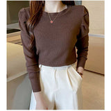 ニット セーター レディース 通販 ニットセーター シャツ スリーブセーター ニットソー ラウンドネック 長袖 パフスリーブ かわいい 無地 シンプル エレガント 春 秋 冬 きれいめ