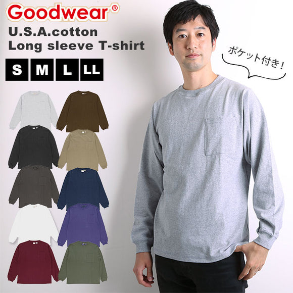 ロンt メンズ ブランド 通販 goodwear 長袖 tシャツ ロングスリーブ グッドウェア おしゃれ シンプル 無地 アースカラー ポケット付き 秋 冬 秋服 レギュラーフィット ヘビーウェイト 厚手 Tシャツ レディース 男女兼用 カットソー Goodwear Regular Fit T-shirt 8518