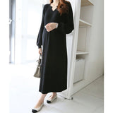 ニットワンピース ロング 通販 ワンピース ニット レディース ワンピ ゆったり Vネック Aライン シルエット 長袖 マキシワンピース 秋冬 パフスリーブ カジュアル きれいめ 無地 大人 かわいい シンプル