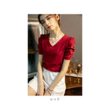 カットソー 半袖 レディース 通販 パフスリーブ tシャツ バルーン バルーン袖 きれいめ 上品 エレガント vネック レディーストップス おしゃれ お洒落 かわいい 可愛い 大人 カジュアル トップス 春 夏 オフィスカジュアル お出かけ