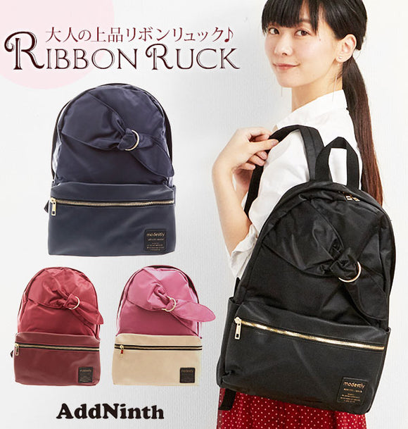リュック AddNinth アドナインス 通販 レディース おしゃれ かわいい 通学 通勤 大人 高校生 中学 軽量 軽い 大容量 a4 背面ファスナー リボン サッシュベルト マザーズバッグ ママリュック 無地 シンプル ナイロン 合皮 切り替え 黒 ブラック 光沢 自転車